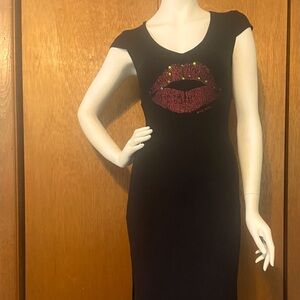 Y2K Bisou Bisou Michelle Bohbot Maxi Dress Black Sequin Lips Cocktail Club